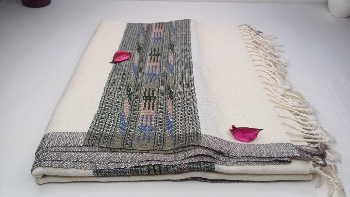 SRI HARI Handwoven White Pure Himalayan Yak Wool Prayer Shawl,Ethnic Yak Wool Meditation Scarf,Tibetan Yak Wool Stole,Himalayan Yak Wrap/Zen