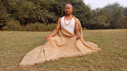 CHANDRA Large Thick Handspun/Handwoven Khaki Pure Himalayan Yak Wool Blanket,Oversize Yak Meditation Shawl,Ethnic Indian Yak Prayer Blanket