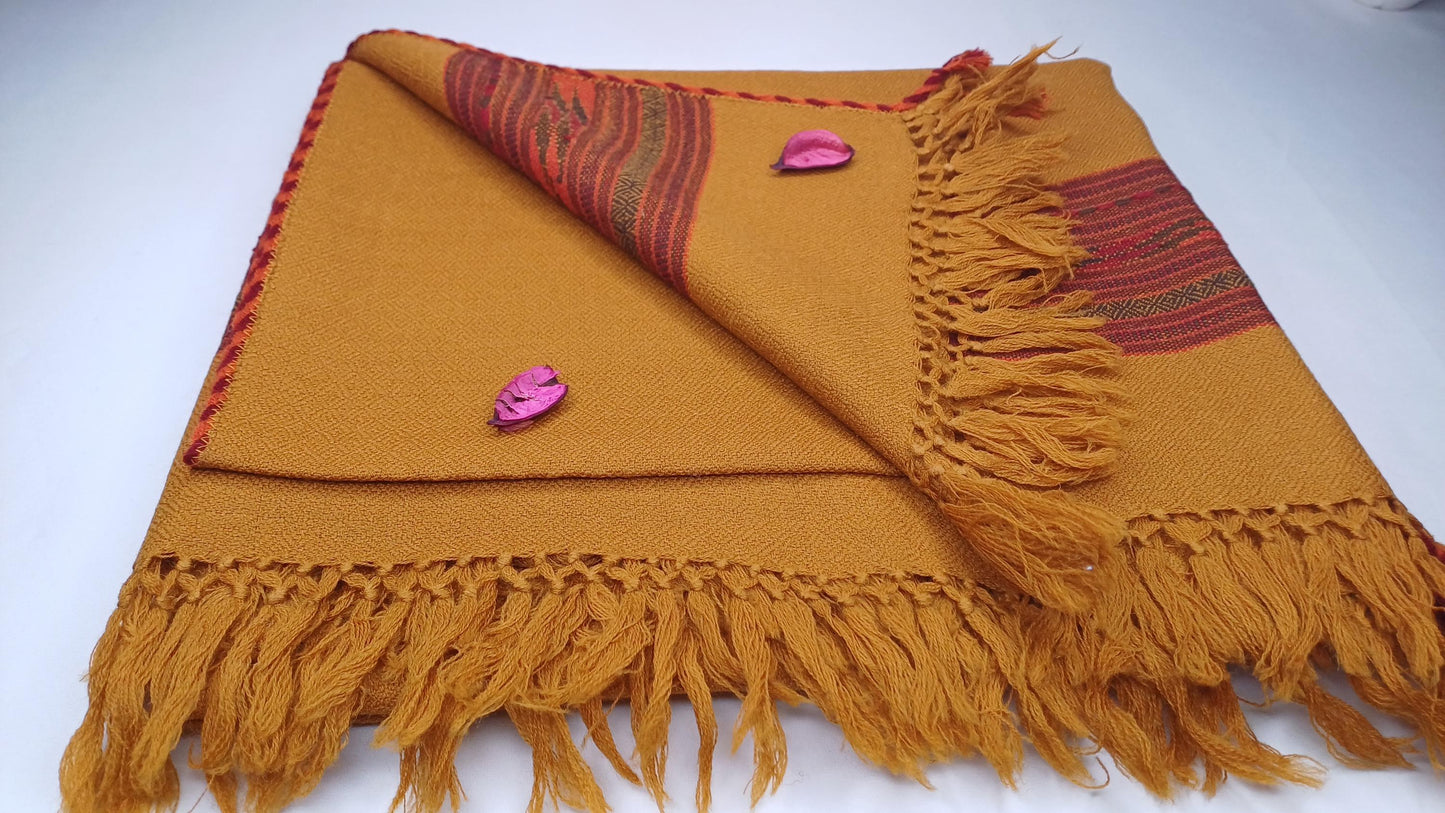 Handwoven Saffron Color Himalayan Sheep Wool Meditation Shawl,Ethnic Indian Prayer Scarf,Himalayan Wool  Prayer Wrap,Embroidered Kullu Shawl