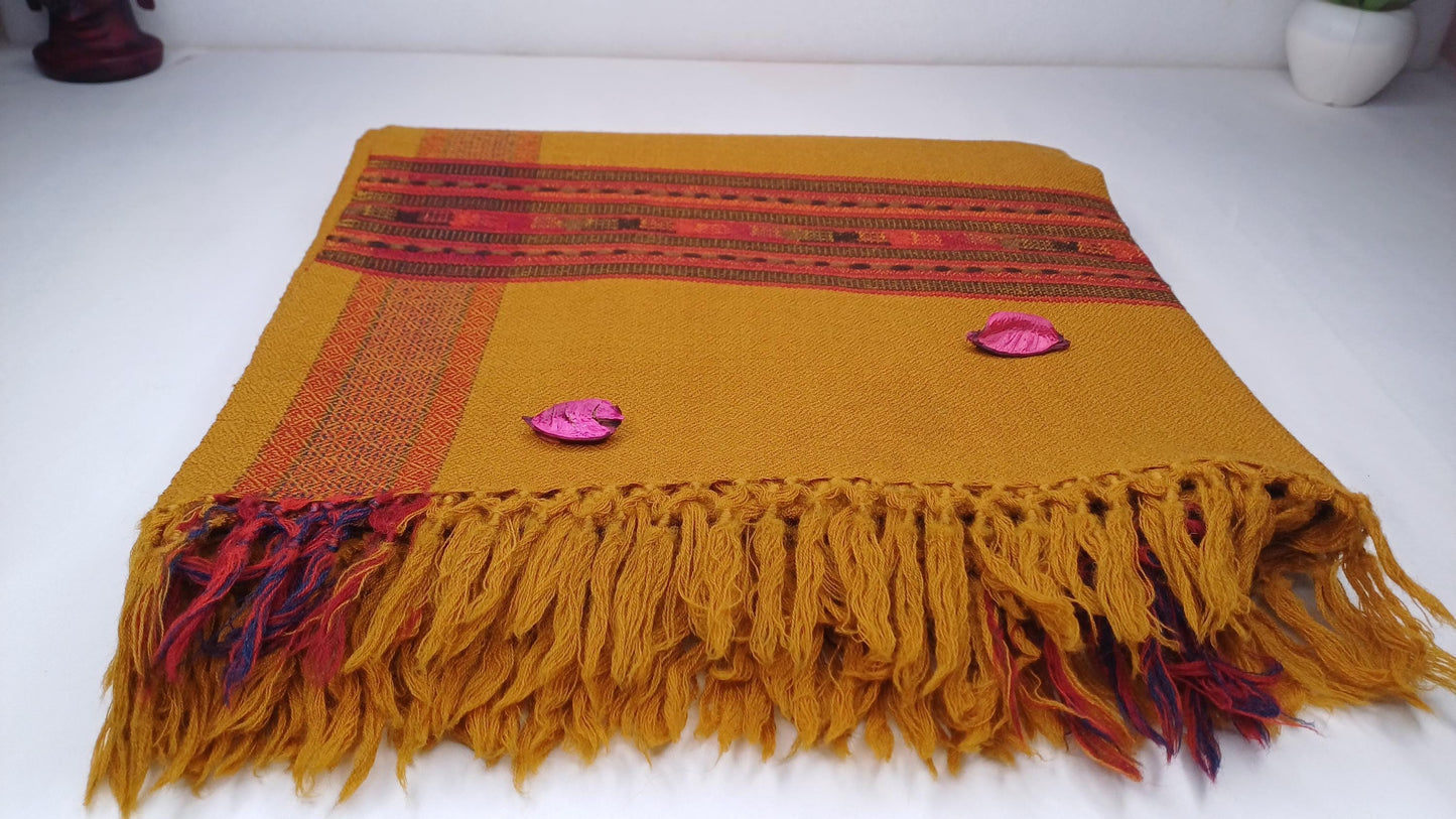 Handwoven Saffron Color Himalayan Sheep Wool Meditation Shawl,Ethnic Indian Prayer Scarf,Himalayan Wool Prayer Wrap,Embroidered Kullu Shawl
