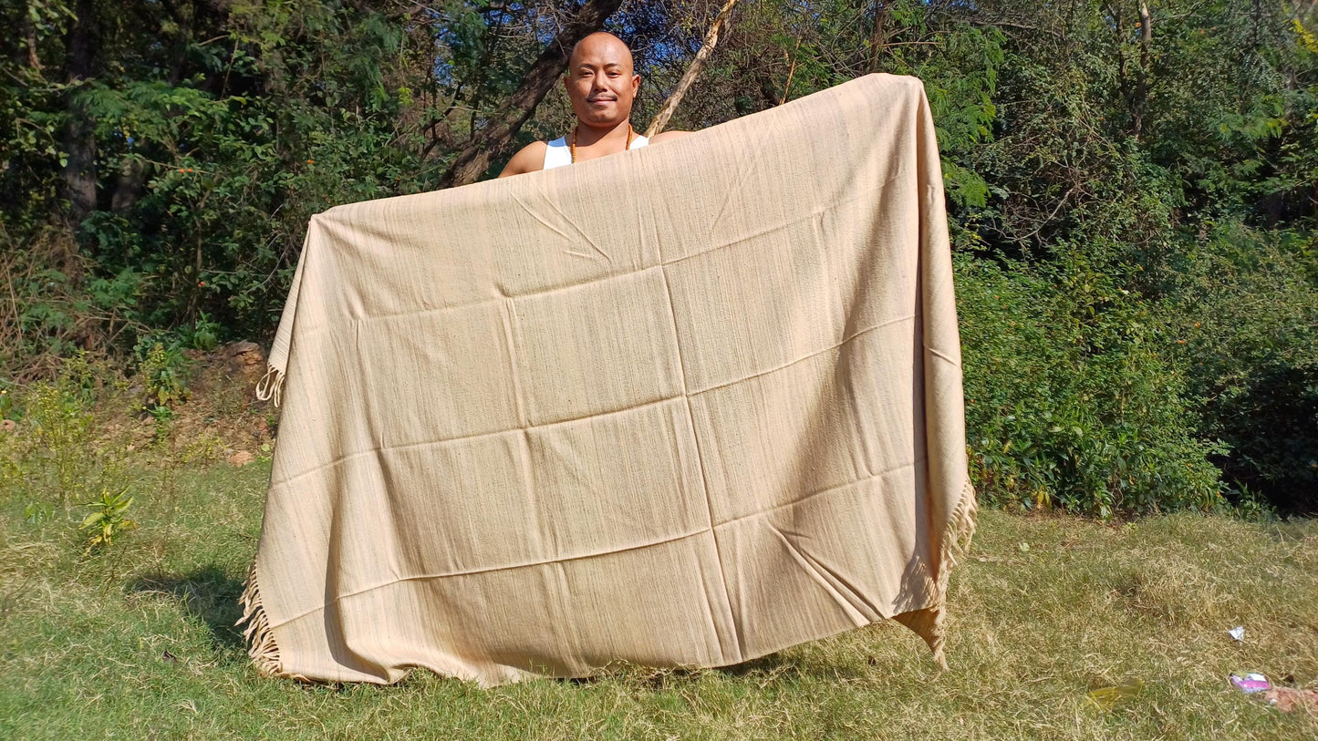 DHARMA Large Handspun Handwoven Khaki Color Pure Himalayan Yak Wool Blanket,Oversize Yak Meditation Shawl,Ethnic Indian Yak Prayer Blanket