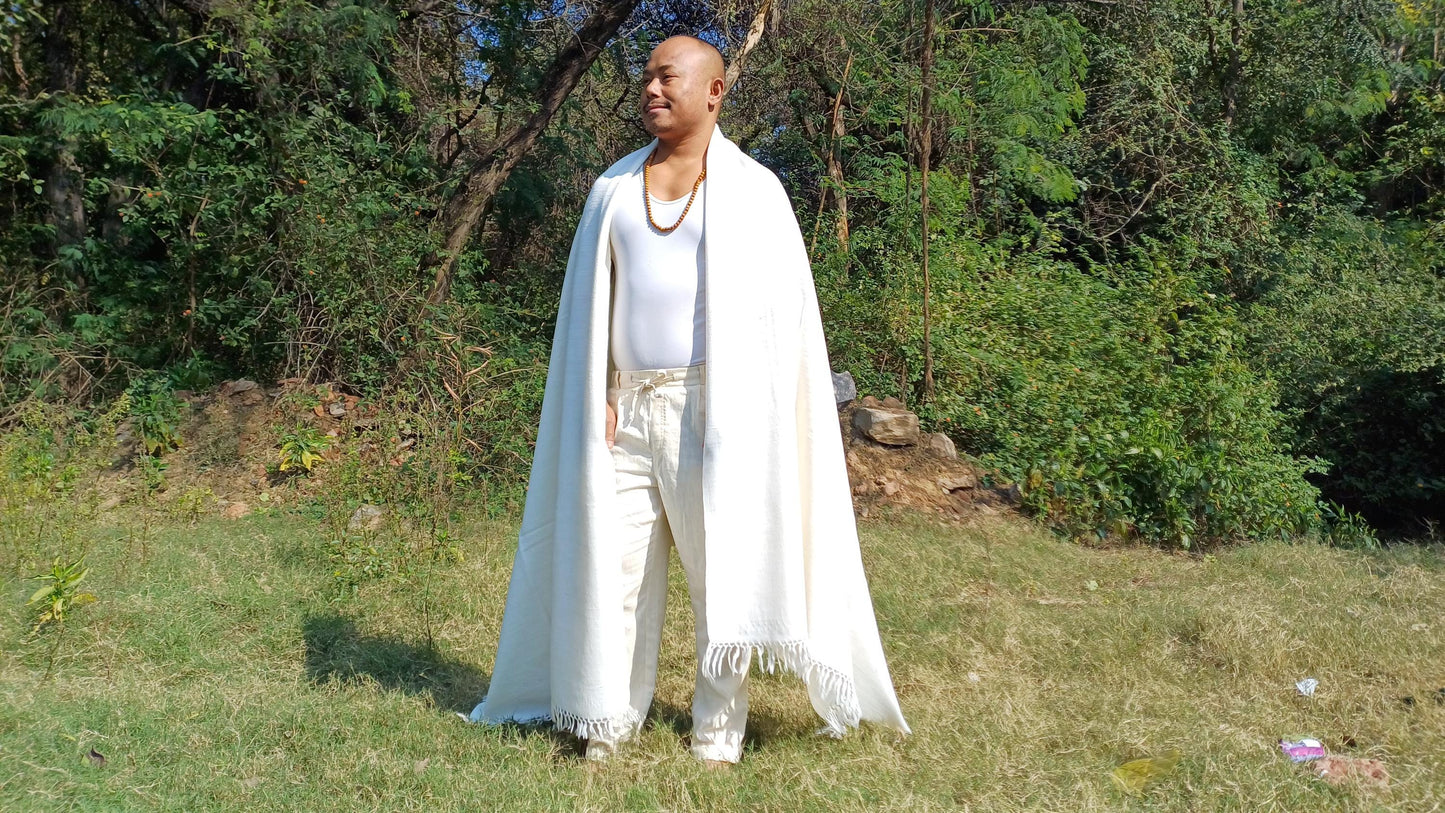 OM X-Large Handwoven OffWhite Thick/Heavy Authentic Himalayan Yak Wool Meditation Blanket,Yak Prayer Shawl,Tibetan Yak Wool Prayer Wrap