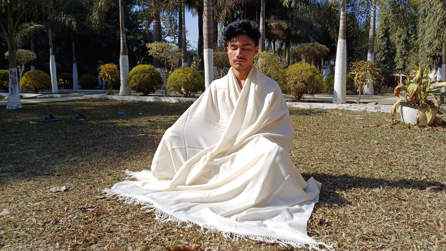 INDRA X-Large Handwoven Lightweight White Pure Himalayan Angora Wool Meditation Shawl,Himalayan Wool Prayer Blanket,Indian Yoga Prayer Wrap