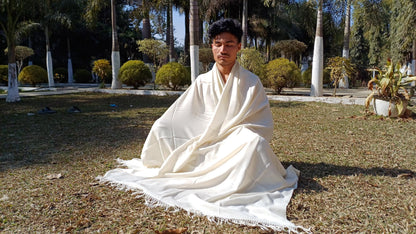 INDRA X-Large Handwoven Lightweight White Pure Himalayan Angora Wool Meditation Shawl,Himalayan Wool Prayer Blanket,Indian Yoga Prayer Wrap