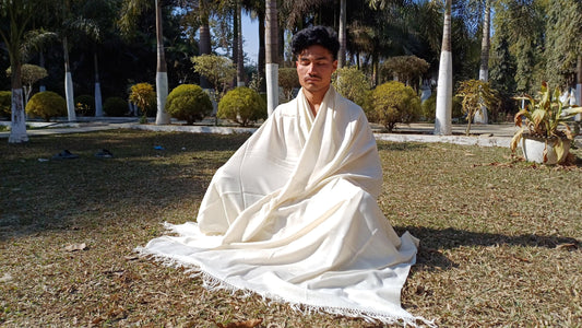 INDRA X-Large Handwoven Lightweight White Pure Himalayan Angora Wool Meditation Shawl,Himalayan Wool Prayer Blanket,Indian Yoga Prayer Wrap