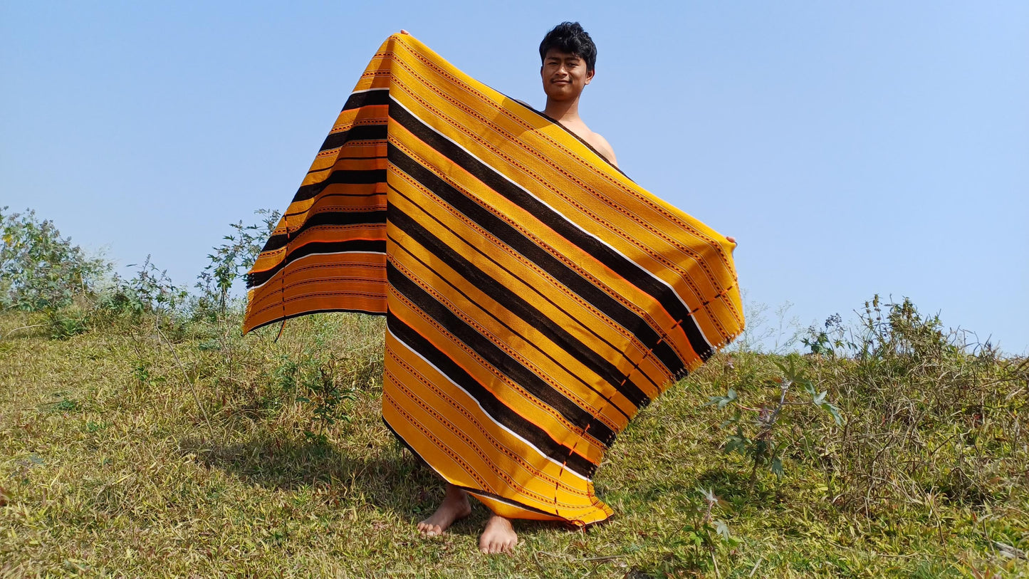 Large Thick Handwoven Black/Yellow Naga Tribe Traditional Blanket,Ethnic Sofa Throw,Native Indian Cloth,Naga Tribes Shawl,Tribal Wall Decor