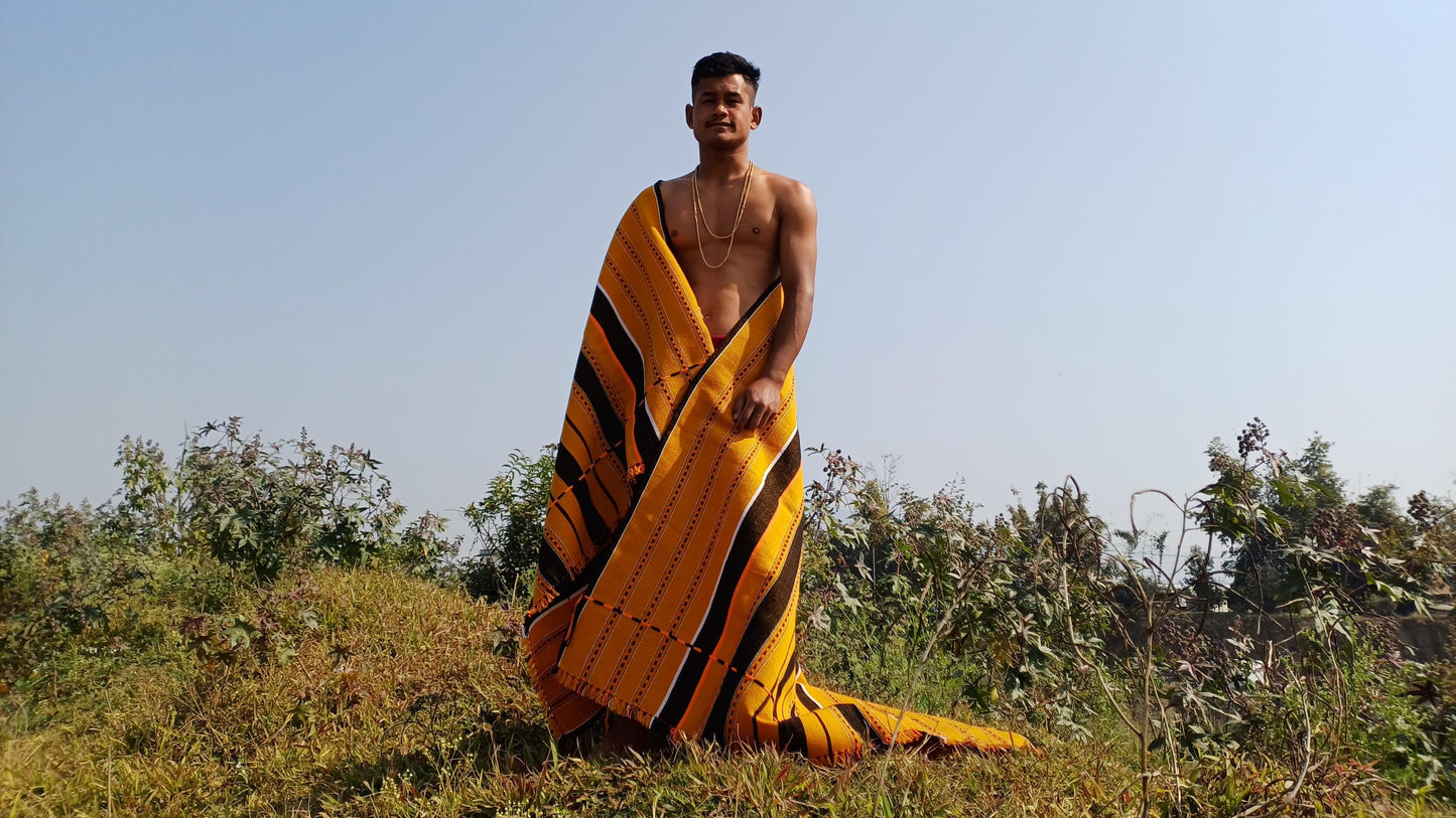 Large Thick Handwoven Black/Yellow Naga Tribe Traditional Blanket,Ethnic Sofa Throw,Native Indian Cloth,Naga Tribes Shawl,Tribal Wall Decor