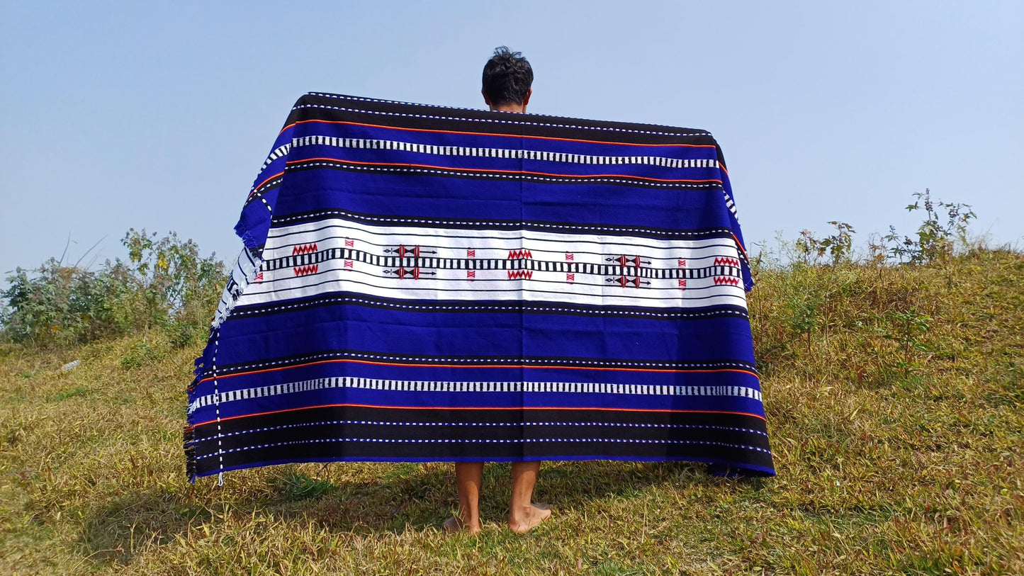 Large Thick Handwoven Black/Blue/White NagaTribe Traditional Blanket,Ethnic Sofa Throw,Native Indian Cloth,Naga Tribe Shawl,Tribal WallDecor