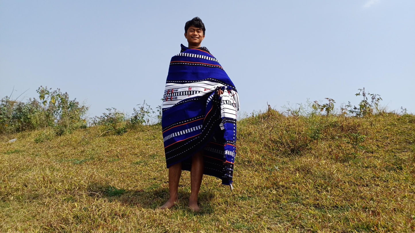 Large Thick Handwoven Black/Blue/White NagaTribe Traditional Blanket,Ethnic Sofa Throw,Native Indian Cloth,Naga Tribe Shawl,Tribal WallDecor