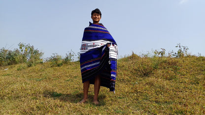 Large Thick Handwoven Black/Blue/White NagaTribe Traditional Blanket,Ethnic Sofa Throw,Native Indian Cloth,Naga Tribe Shawl,Tribal WallDecor