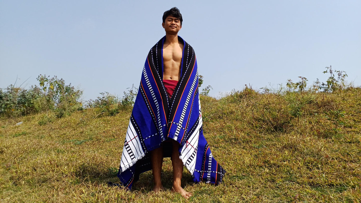Large Thick Handwoven Black/Blue/White NagaTribe Traditional Blanket,Ethnic Sofa Throw,Native Indian Cloth,Naga Tribe Shawl,Tribal WallDecor