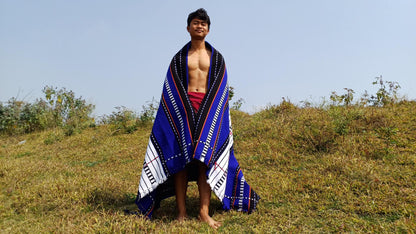 Large Thick Handwoven Black/Blue/White NagaTribe Traditional Blanket,Ethnic Sofa Throw,Native Indian Cloth,Naga Tribe Shawl,Tribal WallDecor