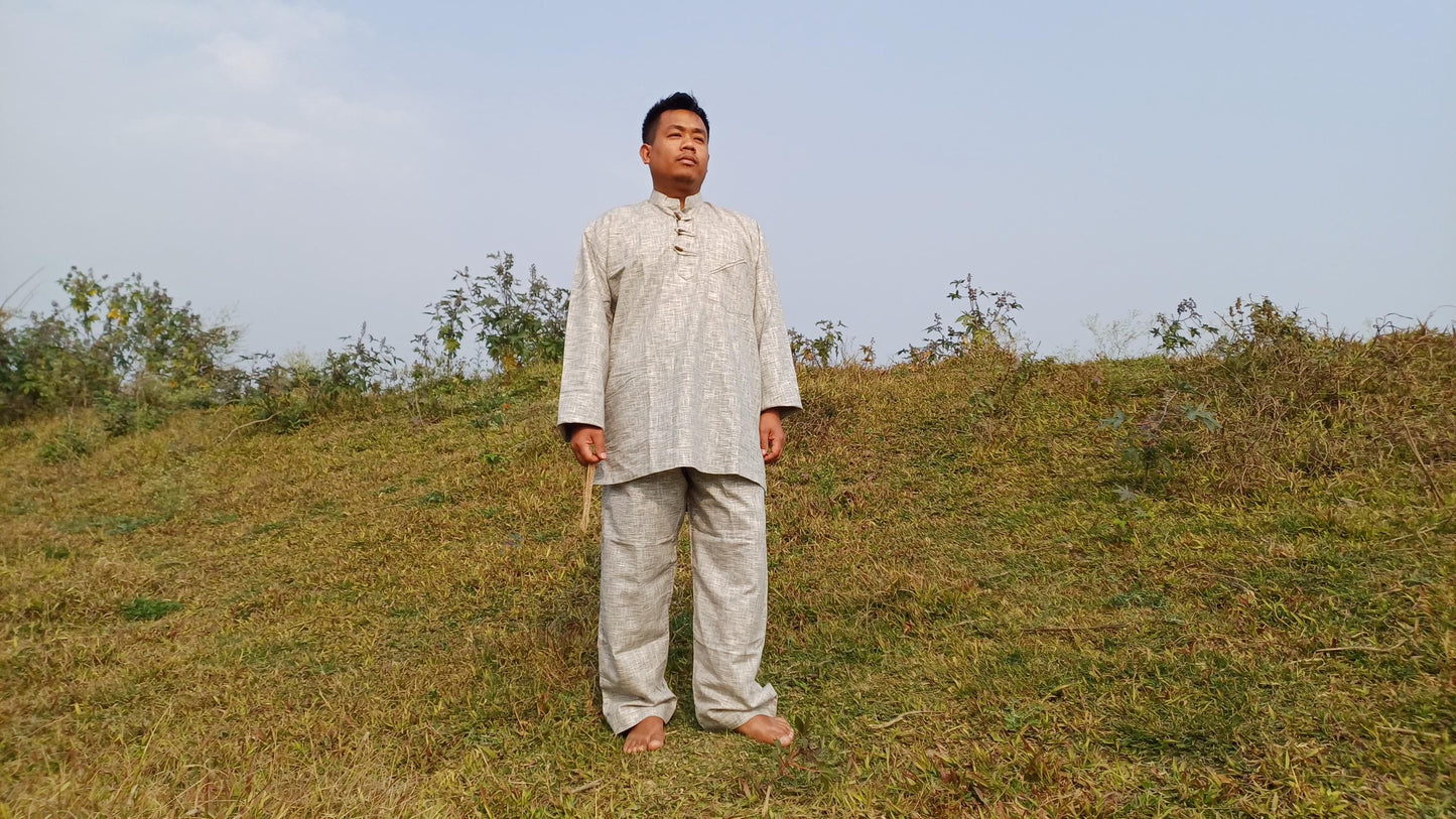 Custom- Made YOGI Men's Organic Indian Khadi Cotton YogaCloth Set,Natural Fabric Breathable Straight Kurta And Pyjama Meditation/Prayer Robe