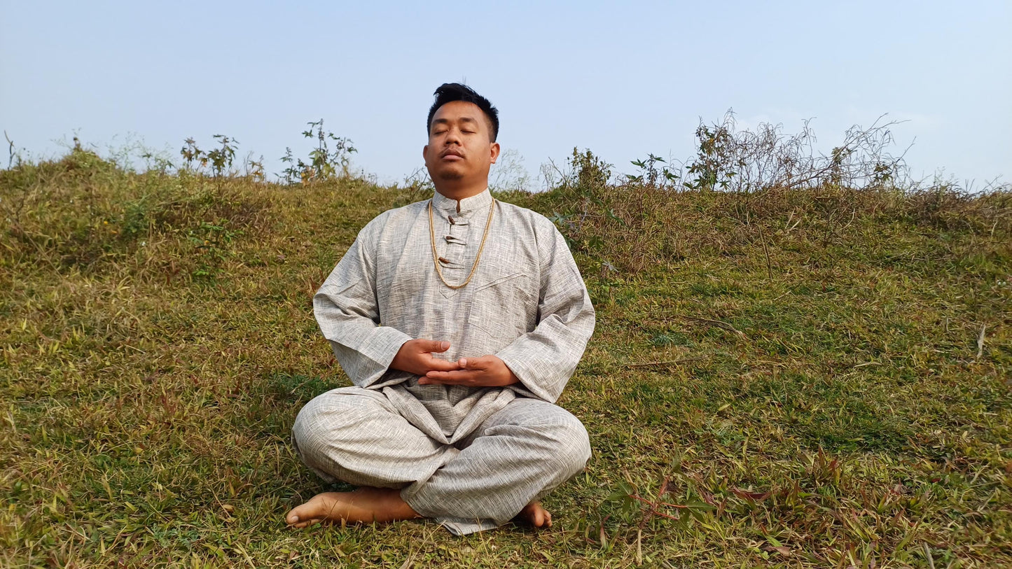 Custom- Made YOGI Men's Organic Indian Khadi Cotton YogaCloth Set,Natural Fabric Breathable Straight Kurta And Pyjama Meditation/Prayer Robe