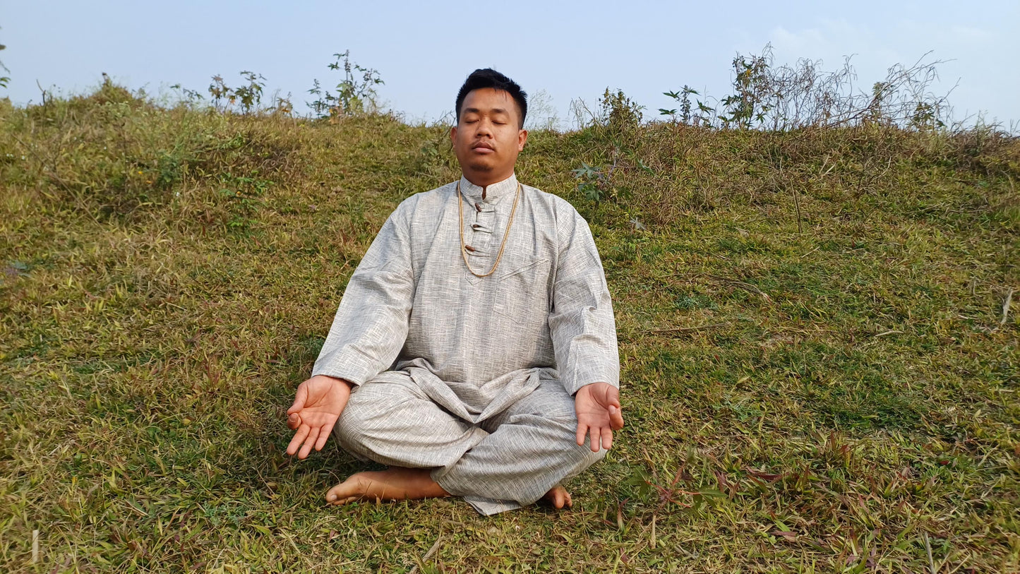 Custom- Made YOGI Men's Organic Indian Khadi Cotton YogaCloth Set,Natural Fabric Breathable Straight Kurta And Pyjama Meditation/Prayer Robe