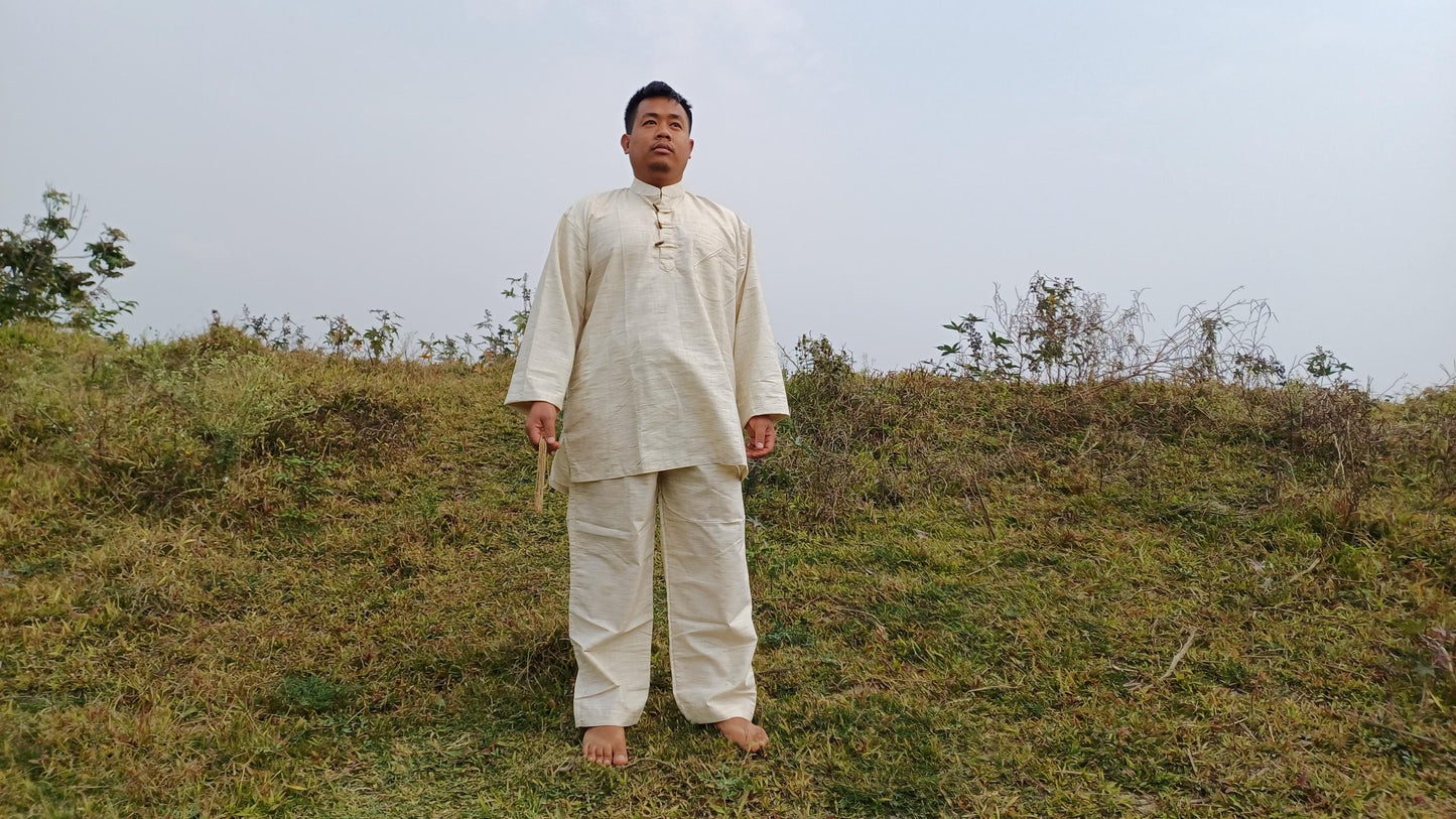 Custom- Made YOGI Men's Organic Indian Khadi Cotton YogaCloth Set,Natural Fabric Breathable Straight Kurta And Pyjama Meditation/Prayer Robe