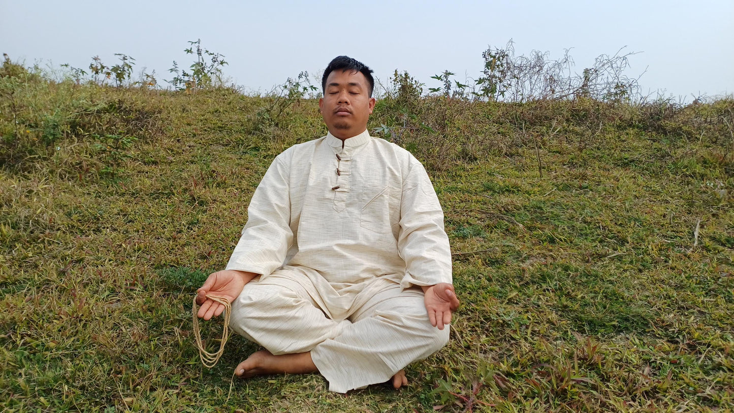 Custom- Made YOGI Men's Organic Indian Khadi Cotton YogaCloth Set,Natural Fabric Breathable Straight Kurta And Pyjama Meditation/Prayer Robe