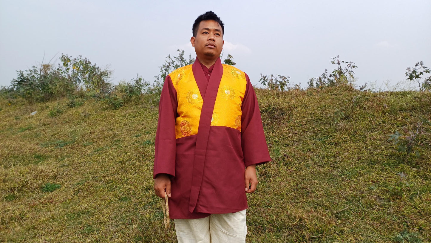 Custom-Made Tibetan Buddhist Monk Thick Cotton Brocade Meditation Jacket/Dhonka, Buddhist Monk Jacket ,Monastry Style Spiritual Outerwear