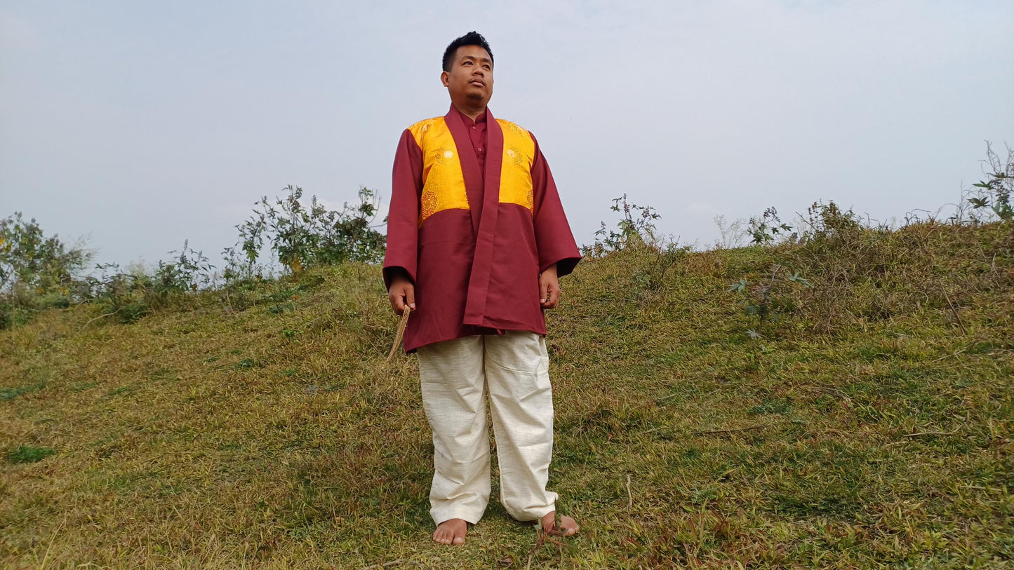 Custom-Made Tibetan Buddhist Monk Thick Cotton Brocade Meditation Jacket/Dhonka, Buddhist Monk Jacket ,Monastry Style Spiritual Outerwear