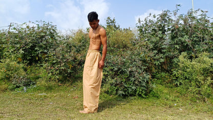 YOGI Men Indian Khadi Cotton Yoga Meditation Pant,Two Pocket Breathable Gym Straight Trouser,Flexible Drawstring Loose Boho Hippie Pant