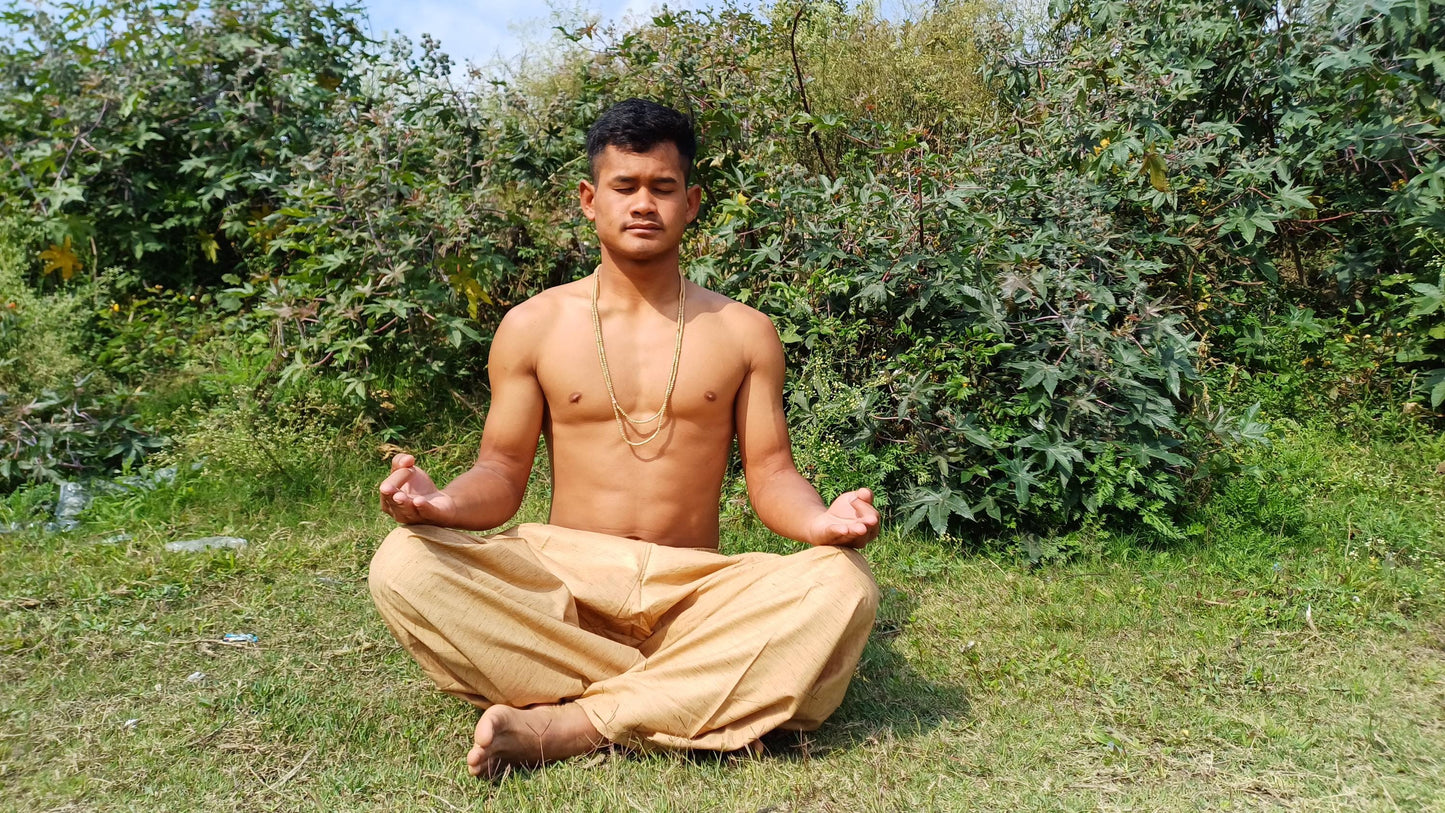 YOGI Men Indian Khadi Cotton Yoga Meditation Pant,Two Pocket Breathable Gym Straight Trouser,Flexible Drawstring Loose Boho Hippie Pant