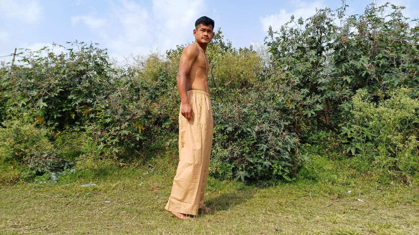 YOGI Men Indian Khadi Cotton Yoga Meditation Pant,Two Pocket Breathable Gym Straight Trouser,Flexible Drawstring Loose Boho Hippie Pant