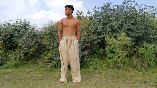 YOGI Mens Natural Indian Khadi Cotton Yoga Pants,Two Pockets Breathable Gym Straight Trousers,Flexible Drawstring Loose Boho Hippie Pant