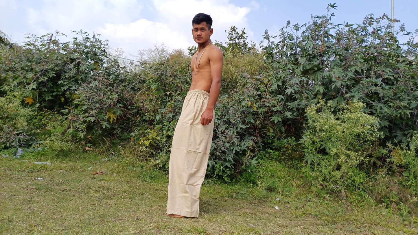 YOGI Mens Natural Indian Khadi Cotton Yoga Pants,Two Pockets Breathable Gym Straight Trousers,Flexible Drawstring Loose Boho Hippie Pant