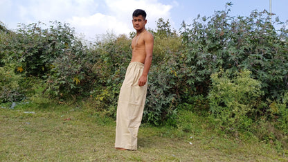 YOGI Mens Natural Indian Khadi Cotton Yoga Pants,Two Pockets Breathable Gym Straight Trousers,Flexible Drawstring Loose Boho Hippie Pant