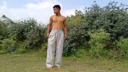 YOGI Mens Natural Indian Khadi Cotton Yoga Pants,Two Pockets Breathable Gym Straight Trousers,Flexible Drawstring Loose Boho Hippie Pant