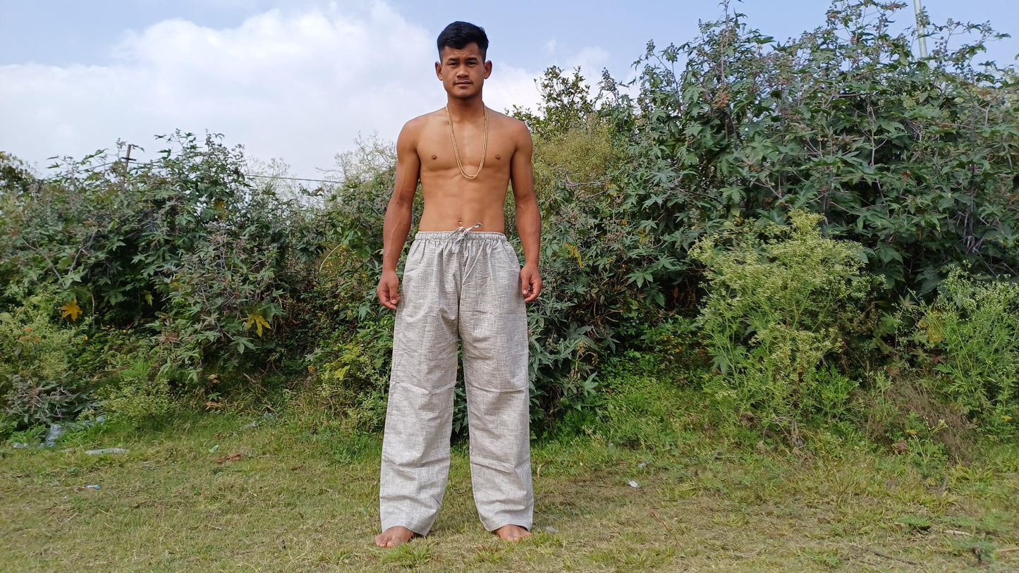 YOGI Mens Natural Indian Khadi Cotton Yoga Pants,Two Pockets Breathable Gym Straight Trousers,Flexible Drawstring Loose Boho Hippie Pant