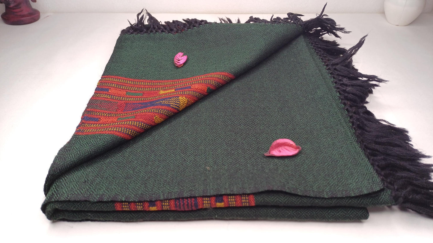 Handwoven Forest Green Pure Himalayan Sheep Wool Meditation Shawl,Himalayan Prayer Blanket,Kullu Shawl,Ethnic Indian Shawl,Wool Prayer Wrap