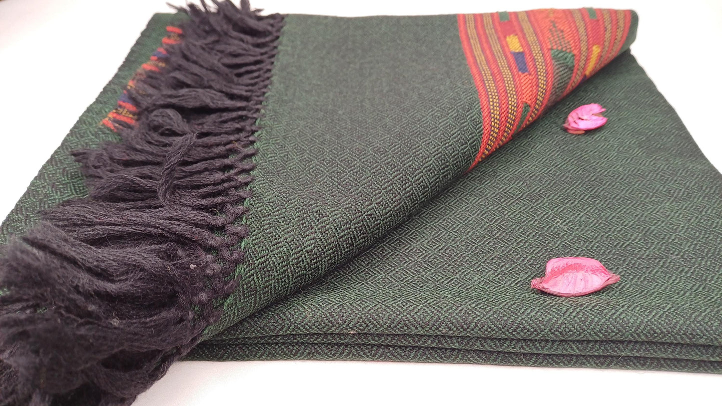 Handwoven Forest Green Pure Himalayan Sheep Wool Meditation Shawl,Himalayan Prayer Blanket,Kullu Shawl,Ethnic Indian Shawl,Wool Prayer Wrap