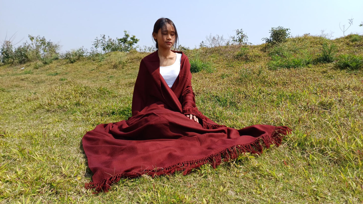 TARA Handwoven Burgundy Pure Himalayan Sheep Wool Buddhist Monk Meditation Shawl,Lama Monk TibetanPrayer  Blanket,Himalayan Wool Indian Wrap