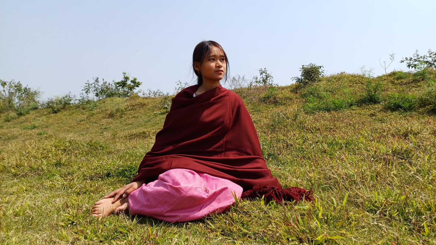 TARA Handwoven Burgundy Pure Himalayan Sheep Wool Buddhist Monk Meditation Shawl,Lama Monk TibetanPrayer  Blanket,Himalayan Wool Indian Wrap