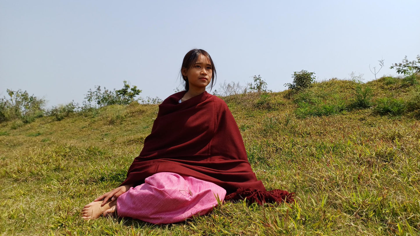 TARA Handwoven Burgundy Pure Himalayan Sheep Wool Buddhist Monk Meditation Shawl,Lama Monk TibetanPrayer  Blanket,Himalayan Wool Indian Wrap