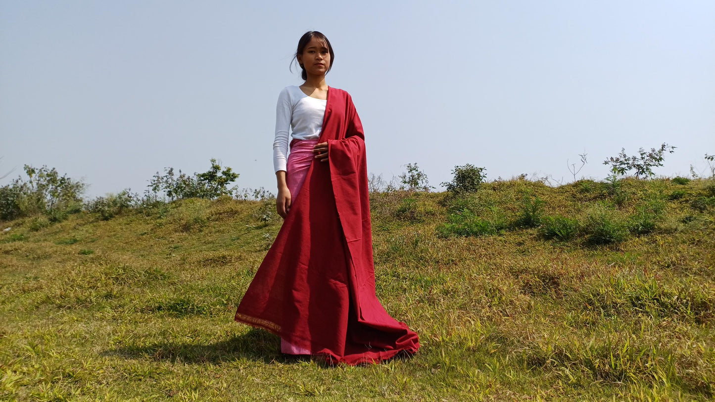 MANJUSHRI Large Handwoven Organic Cotton Maroon Tibetan Buddhist Monk Meditation Shawl,Indian Cotton Tantrik Prayer Wrap,Buddhist Prayer Zen