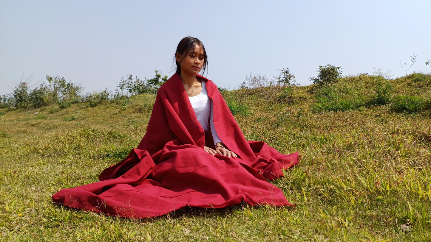 MANJUSHRI Large Handwoven Organic Cotton Maroon Tibetan Buddhist Monk Meditation Shawl,Indian Cotton Tantrik Prayer Wrap,Buddhist Prayer Zen