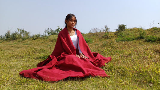 MANJUSHRI Large Handwoven Organic Cotton Maroon Tibetan Buddhist Monk Meditation Shawl,Indian Cotton Tantrik Prayer Wrap,Buddhist Prayer Zen