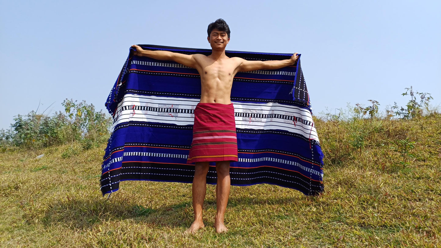 Large Thick Handwoven Black/Blue/White NagaTribe Traditional Blanket,Ethnic Sofa Throw,Native Indian Cloth,Naga Tribe Shawl,Tribal WallDecor