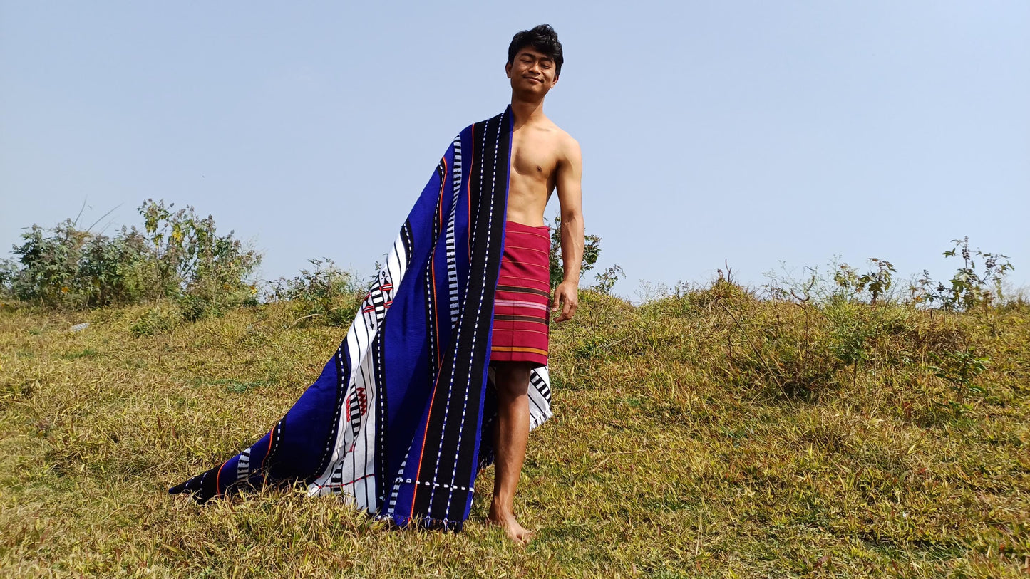 Large Thick Handwoven Black/Blue/White NagaTribe Traditional Blanket,Ethnic Sofa Throw,Native Indian Cloth,Naga Tribe Shawl,Tribal WallDecor