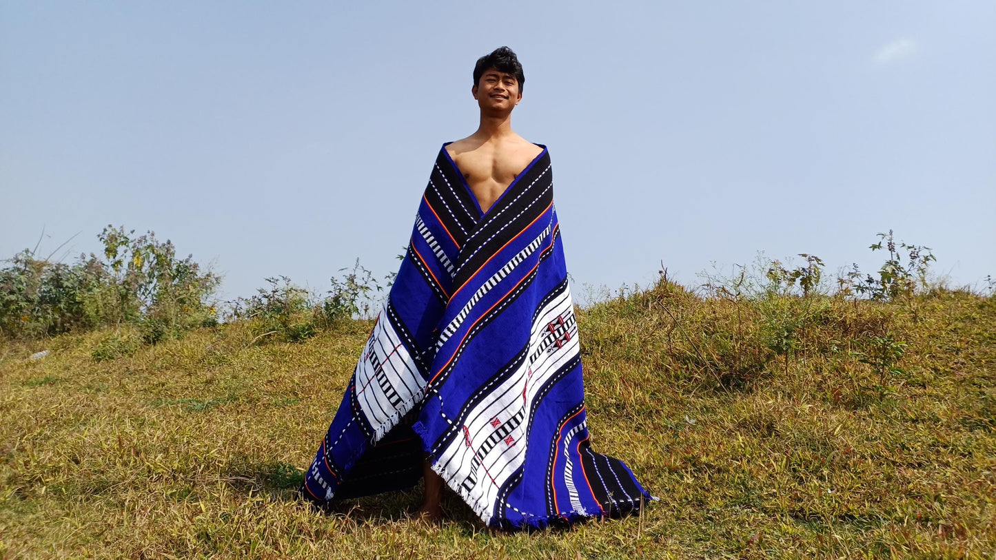 Large Thick Handwoven Black/Blue/White NagaTribe Traditional Blanket,Ethnic Sofa Throw,Native Indian Cloth,Naga Tribe Shawl,Tribal WallDecor