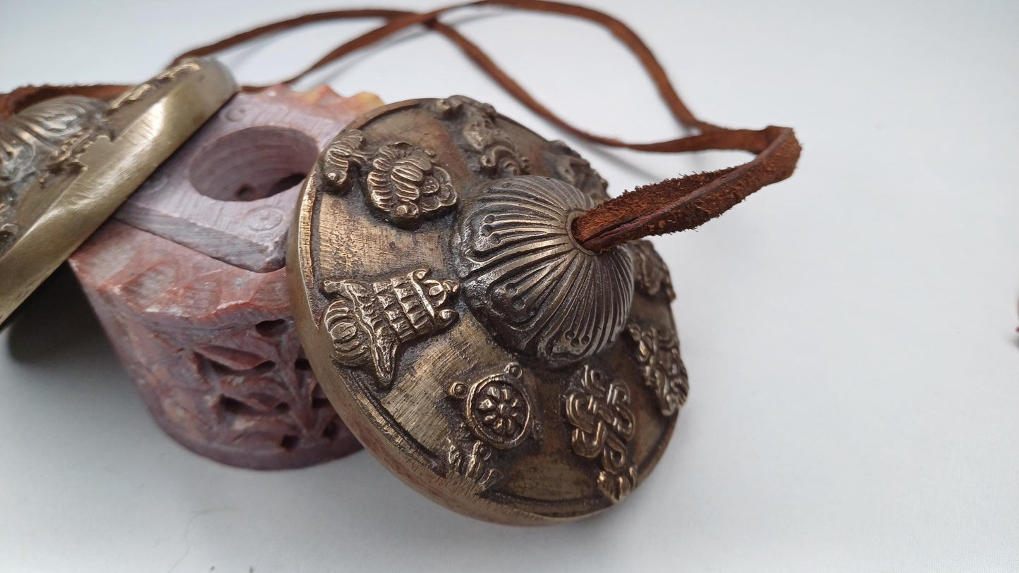 Vintage Rare Authentic 8 Auspicious Signs Carved Tibetan Tingsha Bell,Handmade Tibetan Buddhist Ritual Cymbal,Yoga Sound Healing Chimes/Tool