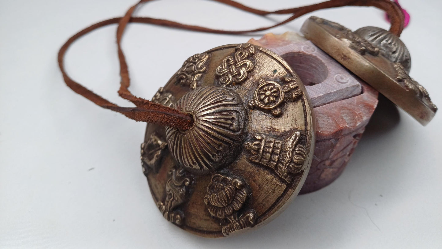 Vintage Rare Authentic 8 Auspicious Signs Carved Tibetan Tingsha Bell,Handmade Tibetan Buddhist Ritual Cymbal,Yoga Sound Healing Chimes/Tool