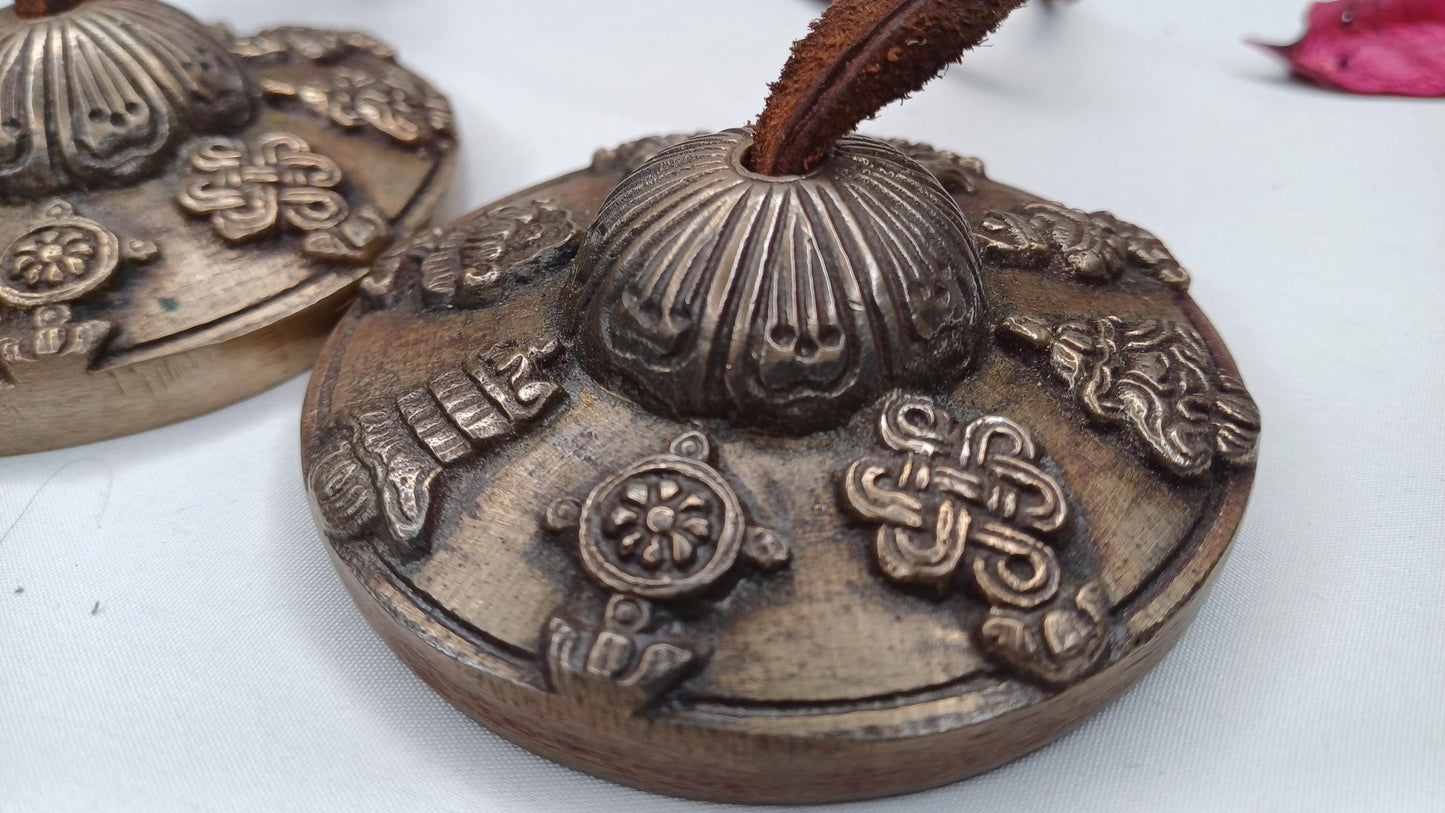 Vintage Rare Authentic 8 Auspicious Signs Carved Tibetan Tingsha Bell,Handmade Tibetan Buddhist Ritual Cymbal,Yoga Sound Healing Chimes/Tool