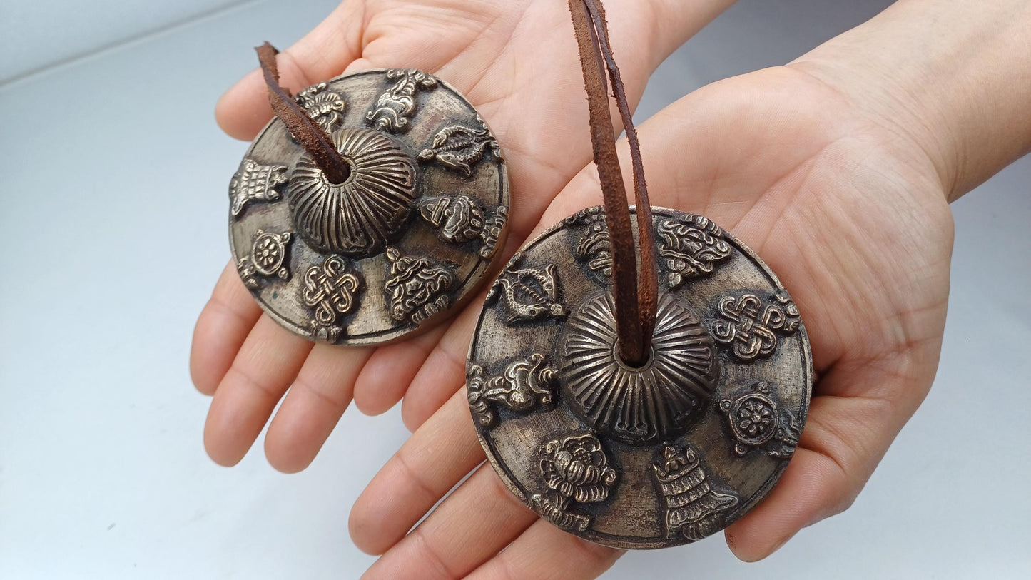 Vintage Rare Authentic 8 Auspicious Signs Carved Tibetan Tingsha Bell,Handmade Tibetan Buddhist Ritual Cymbal,Yoga Sound Healing Chimes/Tool