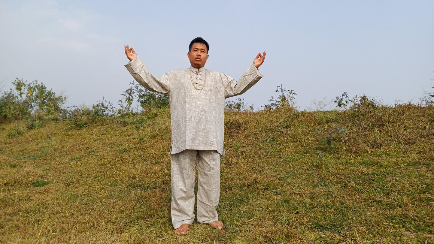 Custom- Made YOGI Men's Organic Indian Khadi Cotton YogaCloth Set,Natural Fabric Breathable Straight Kurta And Pyjama Meditation/Prayer Robe