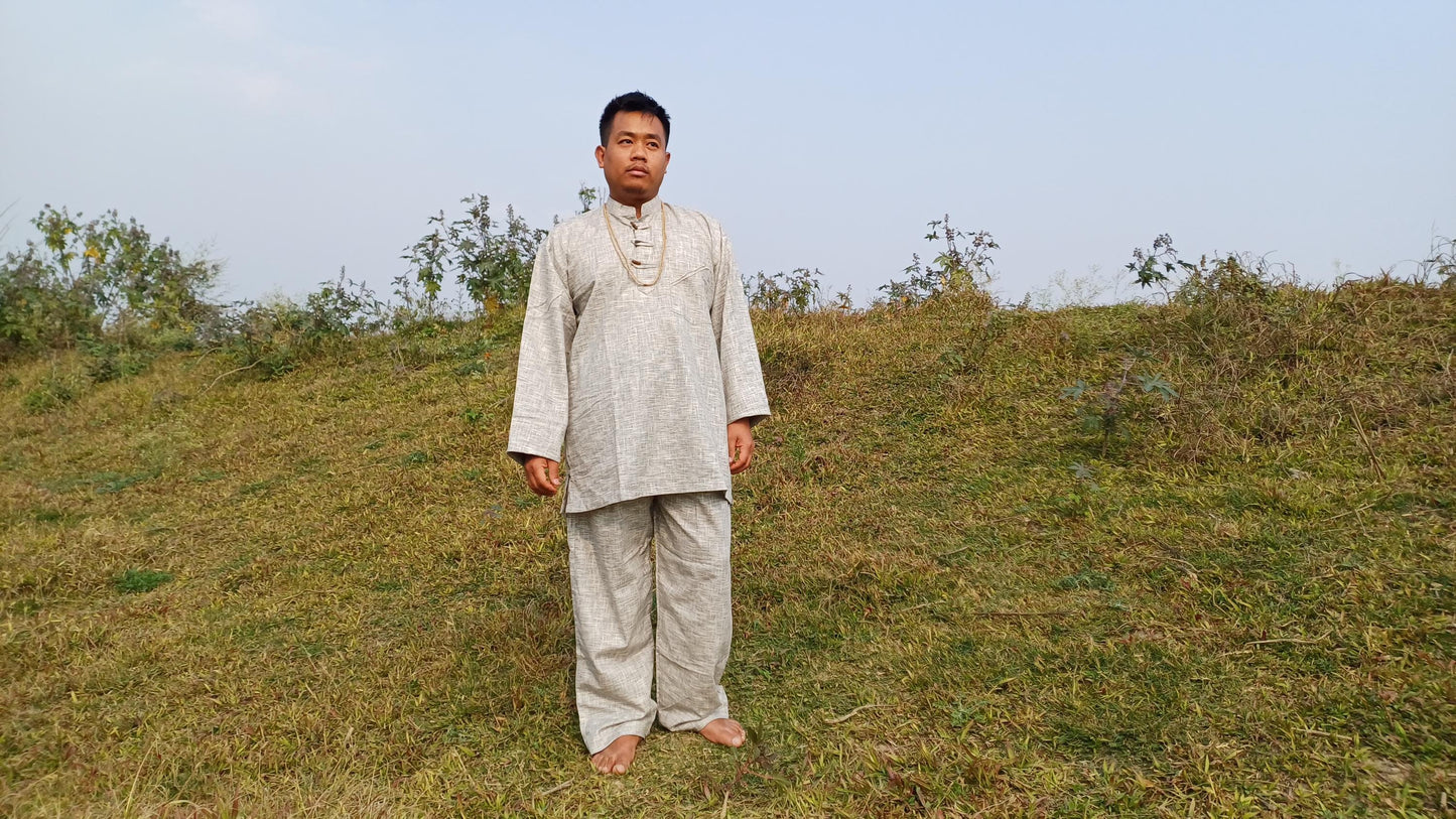 Custom- Made YOGI Men's Organic Indian Khadi Cotton YogaCloth Set,Natural Fabric Breathable Straight Kurta And Pyjama Meditation/Prayer Robe