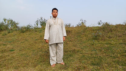 Custom- Made YOGI Men's Organic Indian Khadi Cotton YogaCloth Set,Natural Fabric Breathable Straight Kurta And Pyjama Meditation/Prayer Robe