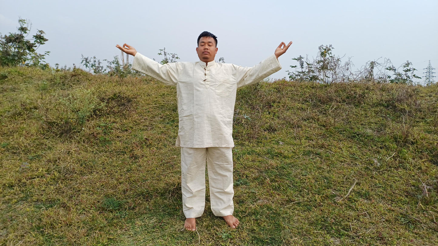 Custom- Made YOGI Men's Organic Indian Khadi Cotton YogaCloth Set,Natural Fabric Breathable Straight Kurta And Pyjama Meditation/Prayer Robe